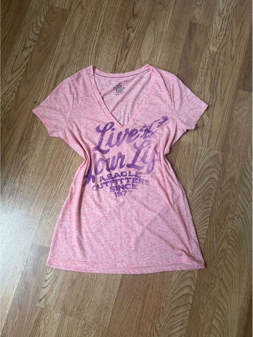 american eagle outfitters pink v-neck t-shirt with purple print